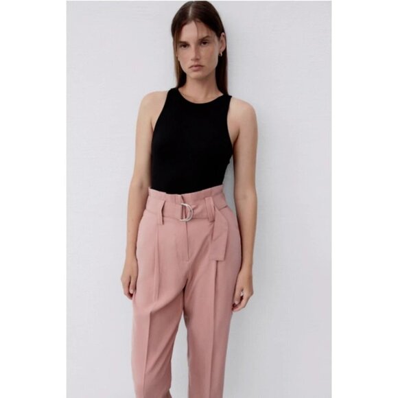 NWOT Zara pink paperbag elastic high waist belted crop trouser pants, S - Picture 2 of 9